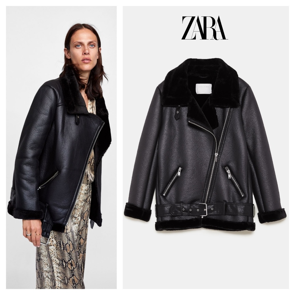 ZARA FAUX SHEARLING BUCKLE BIKER MOTO JACKET